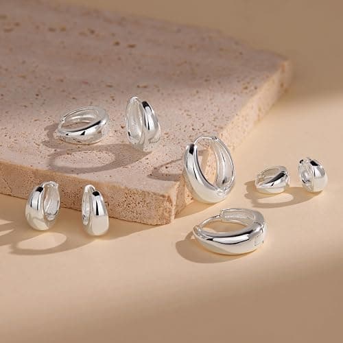 Poxtex Thick Silver Chunky Huggie Hoop Earrings for Women, Hypoallergenic Small Sterling Silver Cartilage Hoops Stacks, 14K Gold Plated Lightweight Dainty Jewelry Set for Multiple Piercings 6/8/10/12mm thumbnail 6