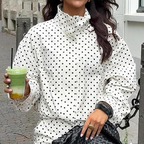 JoinQueen Women Polka Dot Jacket Stand Collar Cropped Jackets Zip Up Coat Casual Fashion Coat Fall Spring Jacket with Pockets thumbnail 7