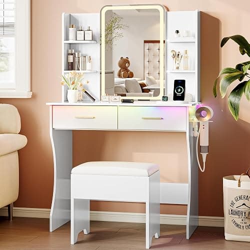 Vanity Desk with LED Lights Mirror & Power Outlet, Small Makeup Vanity Table Set with Storage Drawers & Chair, 3 Lighting Modes & Adjustable Brightness, Dressing Table for Women Girls Bedroom, White thumbnail 8