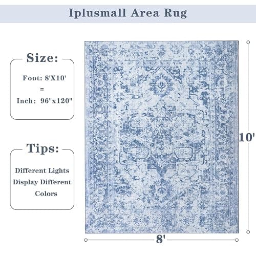 Area Rug 8x10, Washable Rug for Living Room, Large Area Rugs for Bedroom, Vintage Rug 8x10 for Dining Room, Non Slip Soft Low Pile Indoor Carpet for Kitchen, Nursery, Office, Farmhouse, Blue thumbnail 2