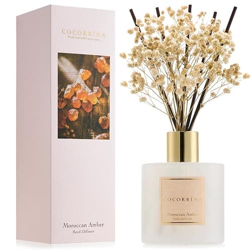 COCORRÍNA Reed Diffuser - Moroccan Amber 6.7 Fl.oz Reed Diffuser Set with Sticks & Preserved Baby's Breath, Reed Diffuser for Home Bathroom Shelf Decor - Image 1