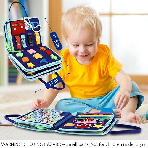 Esjay Toddler Busy Board Montessori Toys for Boys, Sensory Board Educational Activities for Learning Fine Motor Skills, Birthday Gifts for Boys Toddlers, Travel Toys for Airplane Car, Blue Dinosaur thumbnail 2