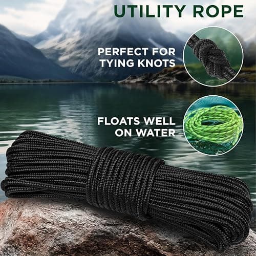 TECEUM Rope – 90 Feet x 3/8 Inch (10mm) – Black – Strong All-Purpose Utility Rope – Camping, Crafting, Flag Pole, Indoor & Outdoor – Polypropylene Nylon Poly Lightweight Diamond Braided Cord thumbnail 3