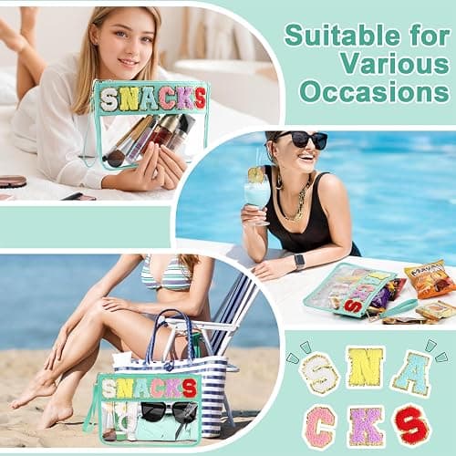 Snack Bag for Travel - Clear Chenille Varsity Letter Flat Pouch with Zipper, 12.2×8.46 inch Waterproof Clear Nylon Preppy Patch Makeup Cosmetic tote Bags for Women Girls thumbnail 6
