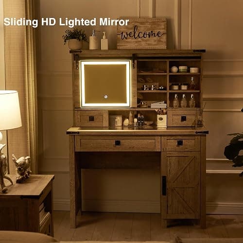 T4TREAM Farmhouse Makeup Vanity Desk with Sliding Mirror and Lights, 42'' Glass Tabletop Vanity Table with 2 Drawers & Shelves, Rustic Big Vanity Set for Bedroom, Light Rustic Oak thumbnail 7