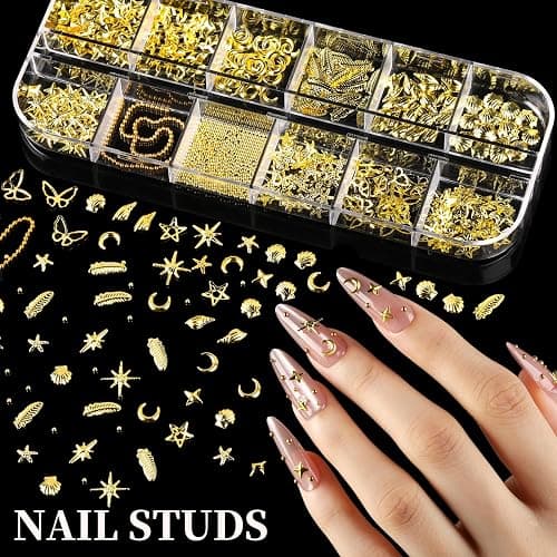 FANDAMEI Gold Nail Gems, 3D Star Nail Charms, Flatback Pearls White Beige, Half Round Silver and Gold Nail Charms, Mixed Sizes Pearls for Nails, Metal Nail Beads, 3D Metallic Nails Art Studs thumbnail 5