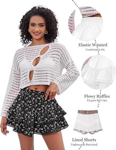 LOMON Flowy Skorts for Women Ruffle Tiered Skorts Casual High Waist Mini Skirts Tennis Golf Crochet Shorts thumbnail 3