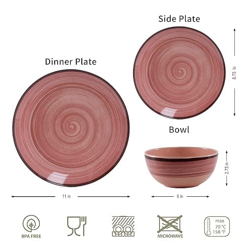 12Pcs Melamine Dinnerware Set, Plates And Bowls Sets for 4, Pink Color Dinnerware Sets, Melamine Plates Bowls Indoor and Outdoor Use Dish Set Dishwasher Safe BPA Free(Pink) thumbnail 3