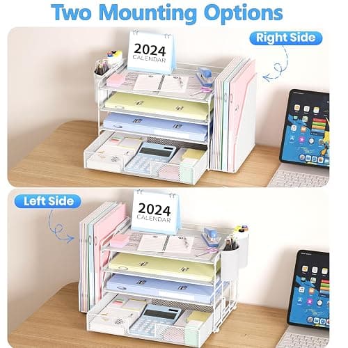 OPNICE Desk Organizer and Accessories, 4-Tier Desktop File Organizer with Drawer and 2 Pen Holders, Office Desk Accessories, File Sorters, Workspace Organizers for Office Supplies(White) thumbnail 7