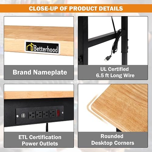 Betterhood Adjustable Height Workbench, 48" Rubber Wood Top Heavy Duty Workstation with Power Outlets, 2000 LBS Load Capacity Hardwood Worktable for Workshop, Garage, Office, Home, Commercial thumbnail 5
