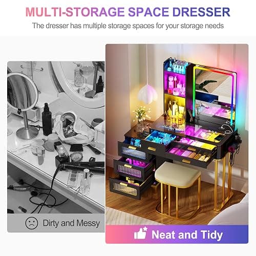 HNEBC Vanitys with HD Glass Display Table, Makeup Desk with Lighted Mirror and Charging Station, Dressing Table with RGB Lights,Jewelry Organizer,Cabinet,6Drawers,Chair for Women/Girls (Black) thumbnail 8