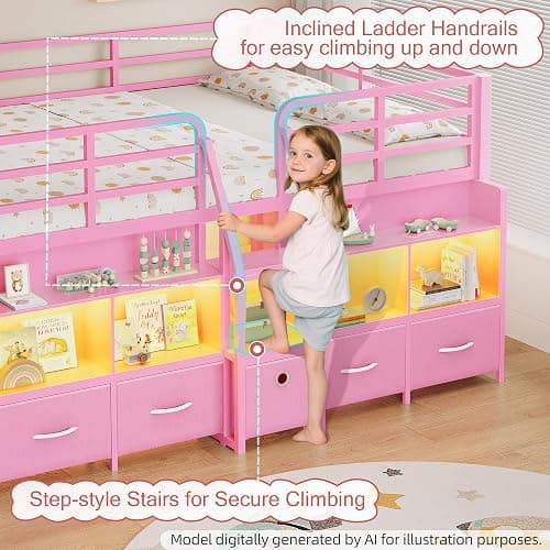 BYSAUD Full Low Loft Bed with 5 Storage Drawers and 6 Bookcases, Pink | Metal Loft Bed for Kids with LED Lights & Charging Station, 15" Safety Guardrail & Ladder, Under-Bed Play Space thumbnail 8