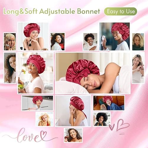 BONNET QUEEN Satin Bonnet Silk Bonnet for Sleeping Women Hair Bonnet Night Sleep Cap Scarf Wrap for Curly Hair with Tie Band Red Burgundy thumbnail 4