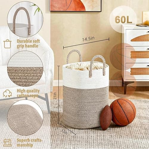 Laundry Basket,Woven Cotton Rope Laundry Hamper,Versatile Storage for Dirty Clothes,Baby Toys,and Blankets in Bathroom, Nursery,and Living Room (Brown, 60L) thumbnail 3