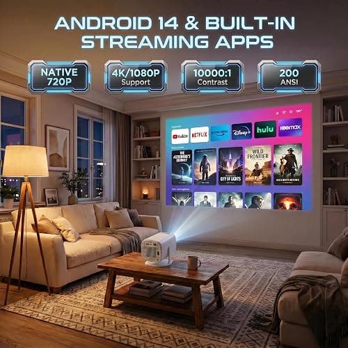 [Android 14 & 2026 Upgraded] YXLSSG Smart Portable Mini Projector with WiFi 6 & Bluetooth 5.4, 180° Rotatable, 1080P/4K Supported, Compatible with iOS/Android/TV Stick/Laptop/USB/HDMI thumbnail 2