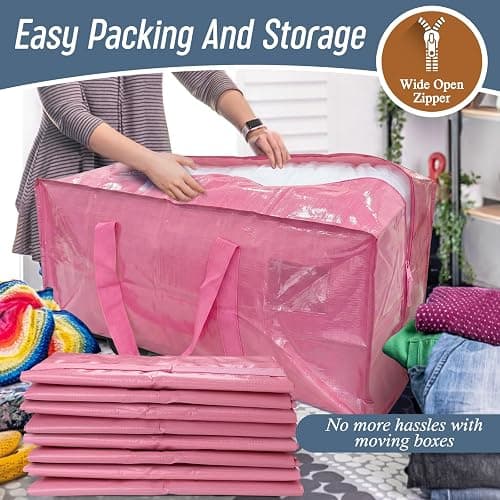 6 Pack Extra Heavy Duty Large Moving Bags with Strong Zipper & Comfortable Handles, Sturdy & Durable Clothes Storage Bags Totes Bins, Packing Moving Boxes for College Supplies, Pink thumbnail 5