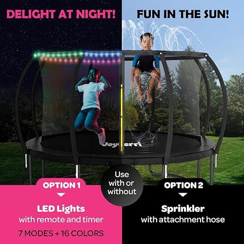 JoyBerri Trampoline Outdoor - ASTM Certified Safe, 8Ft, 10Ft, 12Ft, 14Ft, 15Ft, 16Ft Recreational Trampoline for Kids and Adults. Anti-Rust Coating with Enclosure Net, Ladder, Sprinkler & LED Lights thumbnail 6