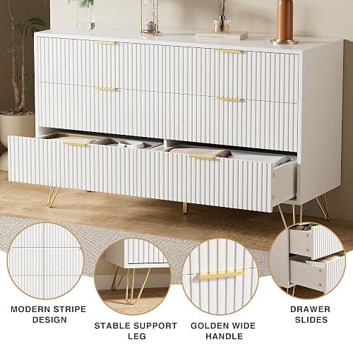 Furniway White Dresser for Bedroom with Gold Metal Handles, 47.2" Wide Modern Chest of Drawers Storage Organizer for Living Room, Closet, Hallway thumbnail 5