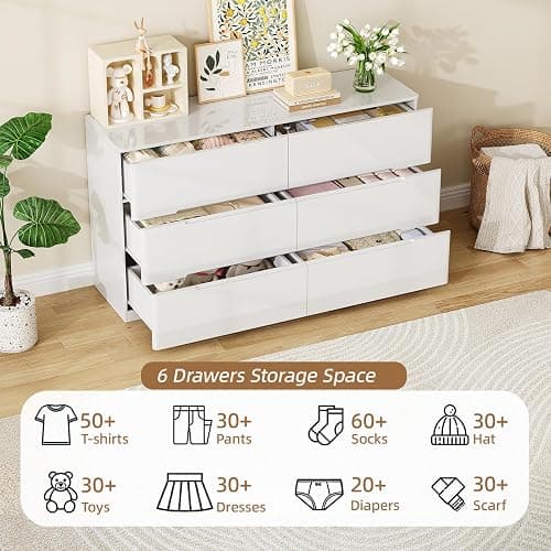 ZORPLIX White Wood Dresser, 6 Drawer Dressers for Clothes Storage for Bedroom, Modern Dresser with Wide Drawers, Wide Wooden Chest Drawers for Living Room, Entryway, TV Stand thumbnail 3