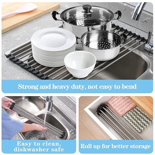 Seropy Roll Up Dish Drying Rack Over The Sink Drying Rack for Kitchen Counter, Rolling Dish Rack Over Sink Mat, Foldable Dish Drainer Stainless Steel Rack Kitchen Organization Gadgets 17.5"x11.8" thumbnail 7