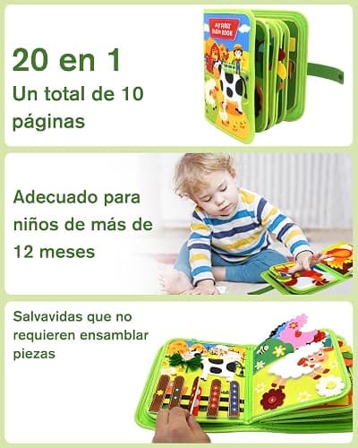 Meafeng Montessori 1 año, 20 en 1 Busy Board de Actividad, Libro Interactivo Juguetes Montessori para niños 1 2 3 4 5 6 años, 10 páginas Animales Granja thumbnail 2