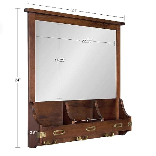 Kate and Laurel Stallard Decorative Wood Home Wall Organizer Mirror with Pockets and Key Hooks, Walnut Brown thumbnail 3