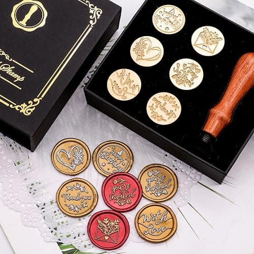 SWANGSA Blessing Wax Seal Stamp Gift Box Set, Vintage 6 Sealing Stamp Heads and 1 Wooden Hilt for Wedding, Party Invitations, Envelops, Christmas Cards and Gift (Phrases Kit) thumbnail 5