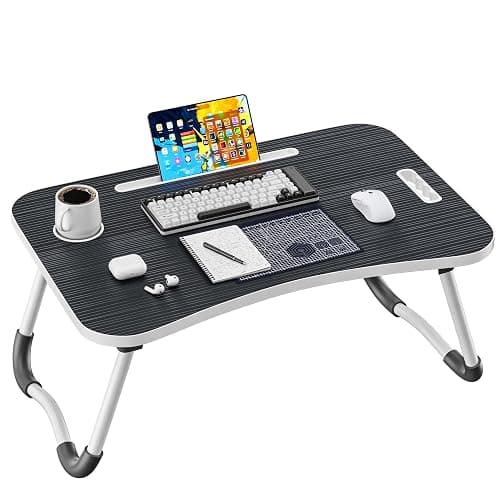 Frpufi Folding Lap Desk, 23.6 Inch Wood Laptop Bed Desk with Cup Holder, Portable Bed Table for Working Writing Reading & Eating for Bed, Sofa, Couch, Floor - Black - Image 1
