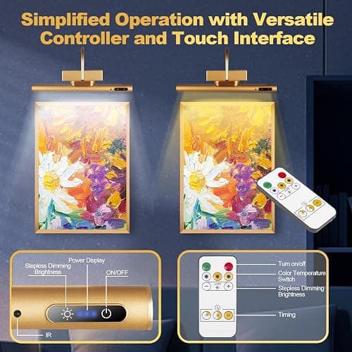 LYTARA Dimmable Cordless Picture Light with Controller and Timer, Rechargeable 5000mAh Battery Wall Sconce for Wall Pictures, Gallery Artwork, Paintings, Portraits, Dartboards (Gold) thumbnail 5