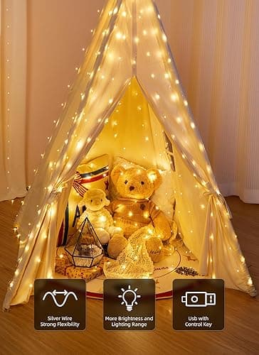 Brightown 300 LED Fairy Curtain Lights, 9.8ft x 9.8ft Warm White Curtain String Lights, USB Plug in 8 Lighting Modes Christmas Decoration, Hanging Lights with Remote for Bedroom Indoor Weddings Dorm - Warm White - 300 LED-Copper Wire thumbnail 3