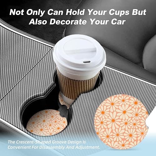 Orange Floral Car Coasters for Cup Holders,2 Pack Car Cup Holder Coasters for Car,Ceramic Absorbent Car Coaster with A Finger Notch and Cork Base,Car Interior Accessories for Women Men thumbnail 7