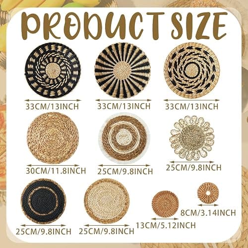 11 Pcs Boho Hanging Wall Basket Decor Handmade Woven Basket Wall Decorative Boho Wicker Baskets Placemats Round Farmhouse Bulrush Art for Rustic Home Decorations Christmas Gift(Assorted) thumbnail 3