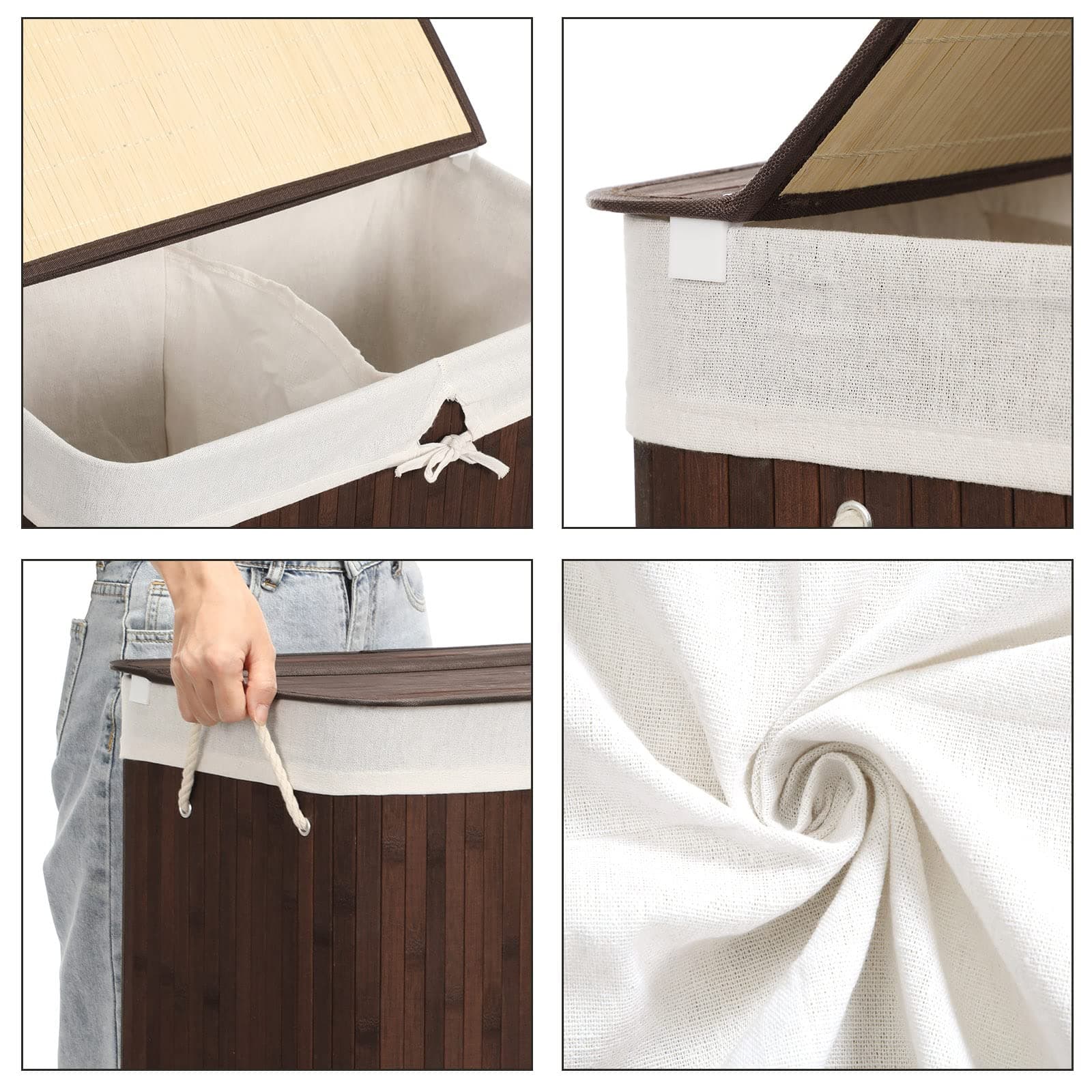 SONGMICS bamboo laundry basket, laundry bin with 2 compartments, laundry sorter with lid and removable laundry bag, cotton handles, 100 L laundry box, brown LCB72Z thumbnail 7