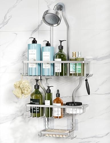 YASONIC Shower Caddy Hanging - Never Rust Shower Organizer - Aluminum Over The Shower Head Caddy with 10 Hooks for Razor/Sponge - Shower Rack with Soap Basket - Silver - Silver - Image 1