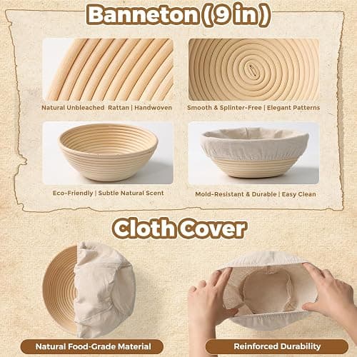 Complete Bread Proofing Basket Kit | All-in-One Set with Banneton(9 in), Sourdough Starter Jar Kit, Bread Lame, Dough Scraper, Whisk, Cutter & Tools thumbnail 3