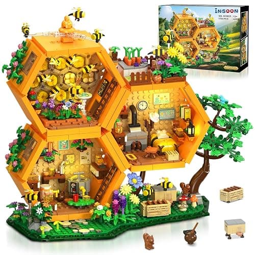 INSOON Farm Bee House Building Set with Lights, 1704PCS Honey Cabin Building Block Kit with Flowers Botanical Animals, Treehouse Construction Model Home Decor, Toy Gift for for Adults Boys Girls 12+ - Image 1