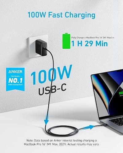Anker MacBook Charger, Compact and Foldable 100W USB C Charger for MacBook Air, Samsung Galaxy, iPhone 17/16 Series, iPad Pro, and More, 5FT USB C Cable Included thumbnail 2