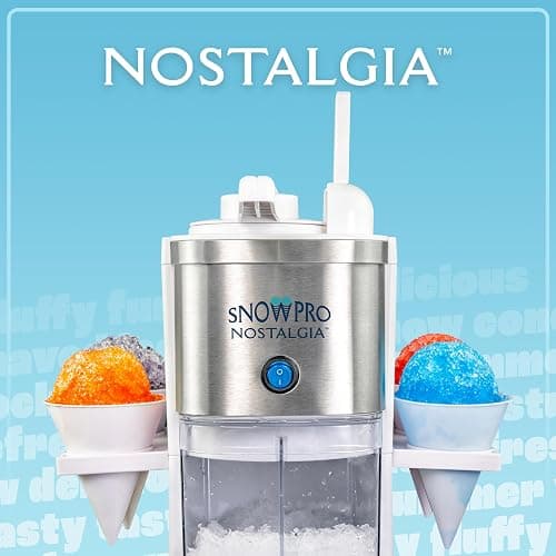 Nostalgia SnowPro Electric Shaved Ice & Snow Cone Maker 64-Ounce Ice Shaving Capacity, 4 Reusable Cones, Side Shelves, and Scoop Included thumbnail 7