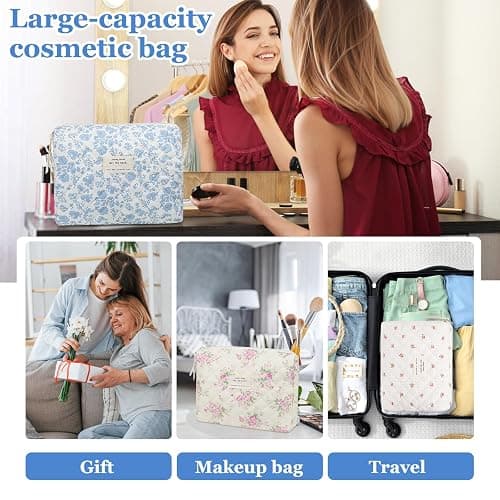Floral Makeup Bag, Large Cosmetic Bag for Women Girls, Cute Cotton Make up Pouch, Quilted Makeup Bags, Flower Travel Toiletry Organizer Bag(Blue Floral) thumbnail 6