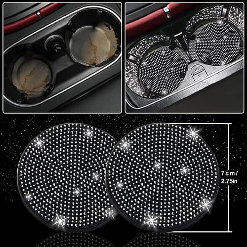 NBTEPEM 12 Pcs Bling Car Accessories Set for Women Car Floor Mats Full Set Steering Wheel Cover Seat Belt Covers Coasters Universal Fit Car SUV Truck Van Black thumbnail 7
