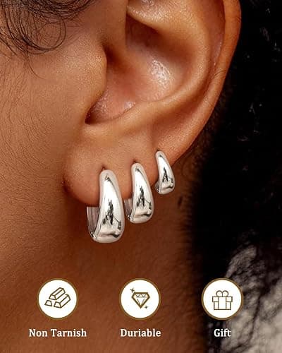 BESTEEL 3Pairs 14K Gold Plated Hoop Earrings Set for Women Chunky Earring Silver Plated Hypoallergenic Small Huggie Hoops Lightweight Tiny Thick Trendy Hoop Earrings Stacks for Multiple Piercing thumbnail 2