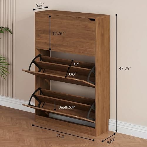 Shoe Storage Cabinet, Wood Shoe Organizer for Entryway with 3 Flip Drawers, Freestanding Shoe Rack with Adjustable Shelf, Narrow Shoe Dresser for Front Door Entrance (Walnut, Standard 3 Drawers) thumbnail 3