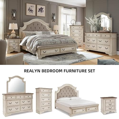 Signature Design by Ashley Realyn French Country 3 Drawer Nightstand with Electrical Outlets & USB Ports, 27.75" Tall, Chipped White thumbnail 8
