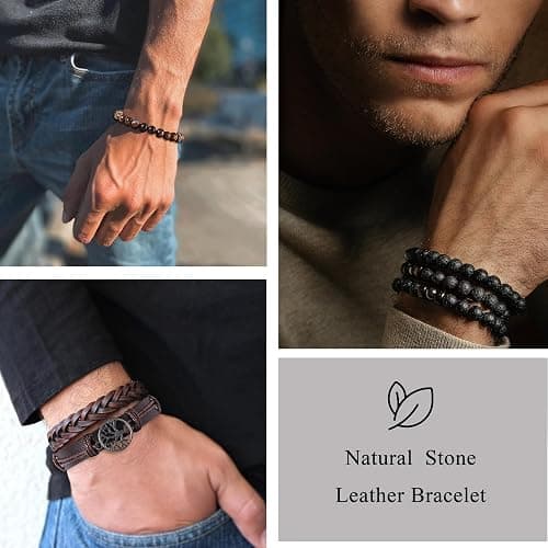 FIRAZIO Tiger Eye Bracelet For Men 8MM Natural Stone Stretch Adjustable Tree of life Leather Bracelets Mens Accessories Pulseras Para Hombres Crystal Beaded Bracelet for Men Women Gifts thumbnail 3