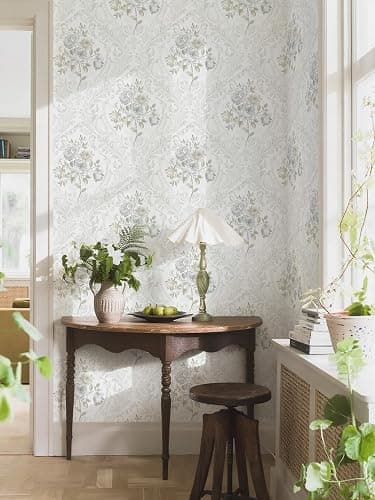 Ismoon Floral Peel and Stick Wallpaper Vintage White and Grey Contact Paper Boho Watercolor Damask Wallpaper Textured Removable Self Adhesive Vinyl Wall Paper for Bedroom, 17.3 in X 6.5 ft thumbnail 4