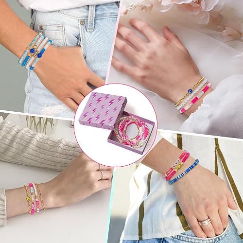 LieToi Preppy Heishi Bracelets Set Colorful White Gold Smile Heart Star Evil Eye Beaded Polymer Clay Pearl Stackable Charm Y2K Kidcore Summer Beach Bohemian Layering Bracelets Jewelry for Women Girls Teens thumbnail 5