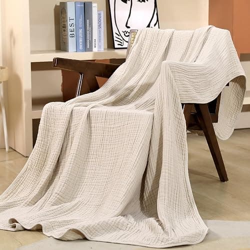 Yoofoss Muslin Blanket 100% Organic Cotton Throw Large 50" x 60" for Bed Couch Summer Gauze Blanket for Adults Lightweight and Breathable Apricot White thumbnail 2