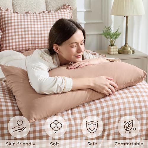 BDEUS 7 Pieces Gingham Ruffle Comforter Set Full Size, Brown Grid Tartan Bedding Set, Soft Breathable Fabric Comforter with Flat Sheet, Fitted Sheet, 2 Pillowcases & 2 Shams, 82"X86" thumbnail 2