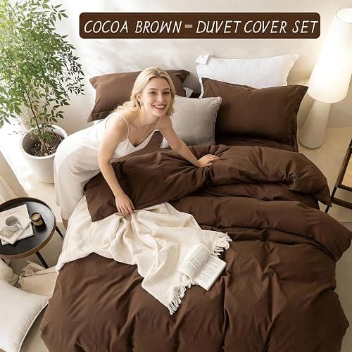 BDEAR Linen Feel Cocoa Brown Duvet Cover King Size 104'' W x 90'' L, Percale 100% Washed Cotton Duvet Cover with Zipper Closure Plus 2 Pillowcases, Oeko TEX Standard Certificated thumbnail 3