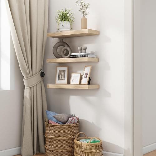 fuqing Natural Wood Floating Shelves - Wood Floating Shelves for Wall Set of 3-17 Inch Wide x 6.7 Inch Deep Natural Wooden Shelves for Living Room Bedroom Home Office thumbnail 7